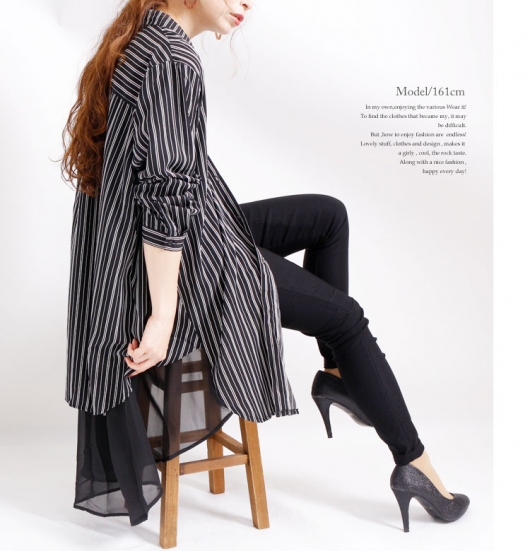 レディースロングシャツ 全方向ストレッチロングシャツサイドシャツスリット七分袖