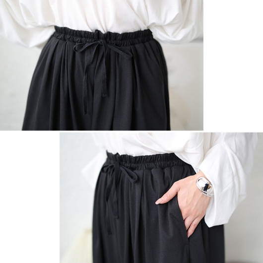 平パン(中)黒 大きいサイズ レディース 裾がくるっとできるフレアワイドパンツ bai