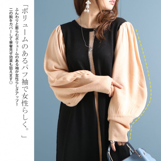 大きいサイズ レディース センターライン配色ニットワンピース