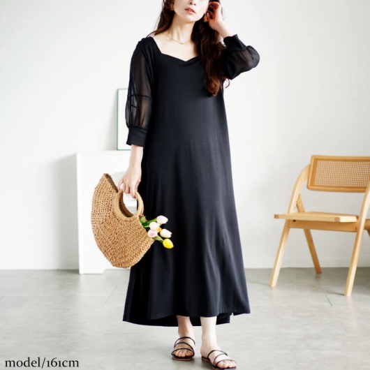 大きいサイズ レディース シアースリーブダイヤモンドネックワンピース
