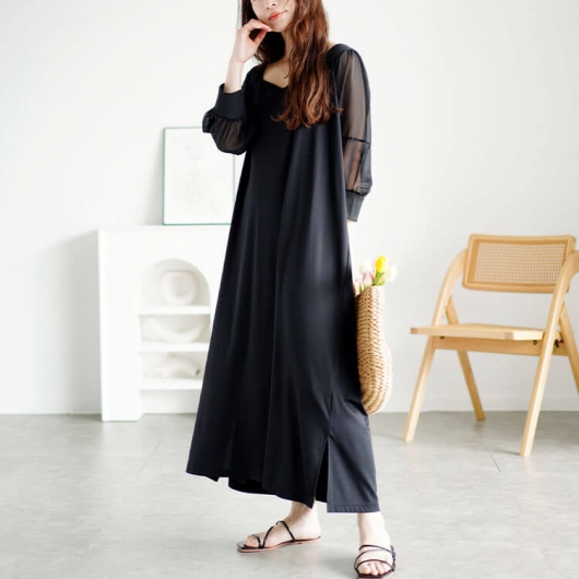 大きいサイズ レディース シアースリーブダイヤモンドネックワンピース