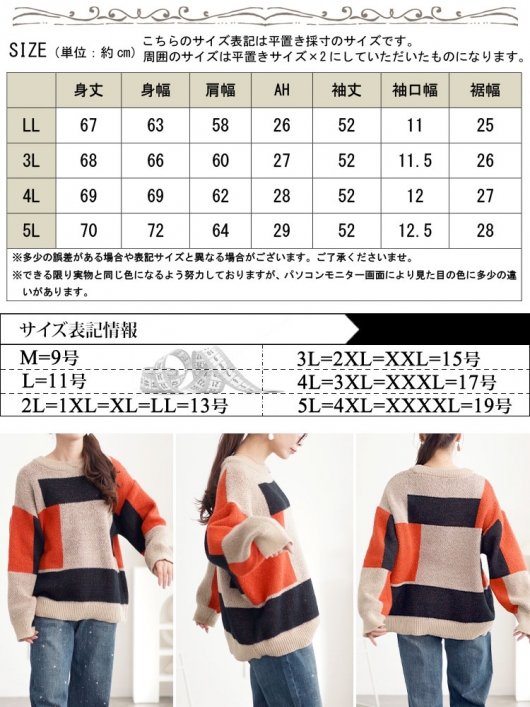 大きいサイズ レディース カラーブロックジャガードニット bro