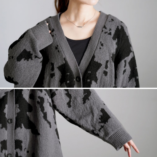 大きいサイズ レディース 迷彩柄ジャガードニットカーディガン bro