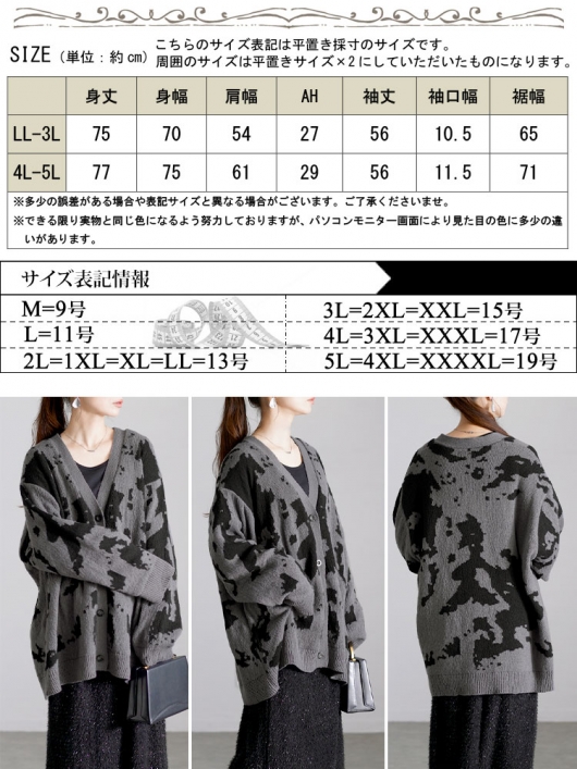 大きいサイズ レディース 迷彩柄ジャガードニットカーディガン bro