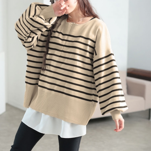 大きいサイズ レディース 2wayハーフZIPパネルボーダーニット bro-0081