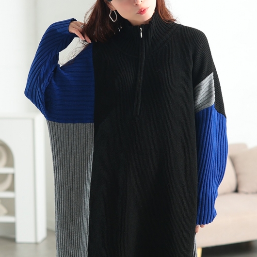 大きいサイズ レディース ハーフZIP配色切り替えニット