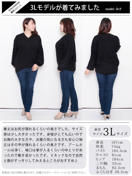 大きいサイズ レディース ケーブル編みVネックニットプル