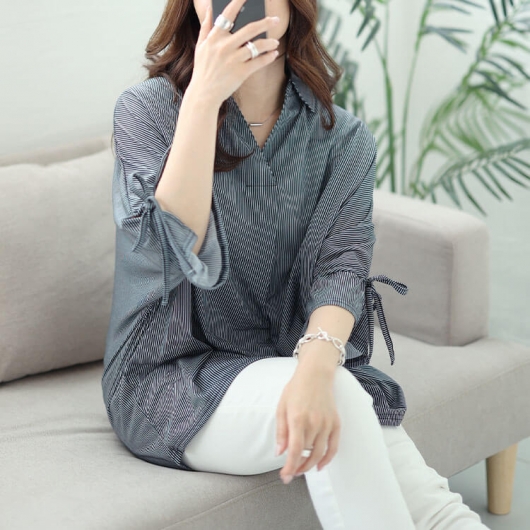 d.i.aグレーと黒のストライプ長袖トップス イベントセール】 大きいサイズ レディース 袖リボンスキッパーシャツ