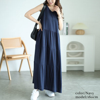 大きいサイズ レディース Vネックノースリーブティアードワンピース