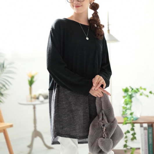 大きいサイズ レディース 胸ポケットバイカラー切り替えプルオーバー