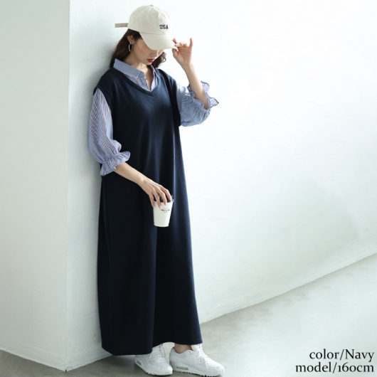 大きいサイズ レディース ストライプシャツ重ね着風ワンピース cast