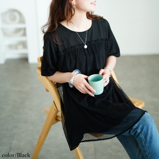 スーパービューティー チュニックTシャツ 花 格子レース素材