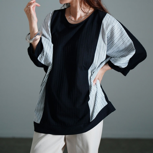 大きいサイズ レディース ストライプ異素材切り替えドルマンプル