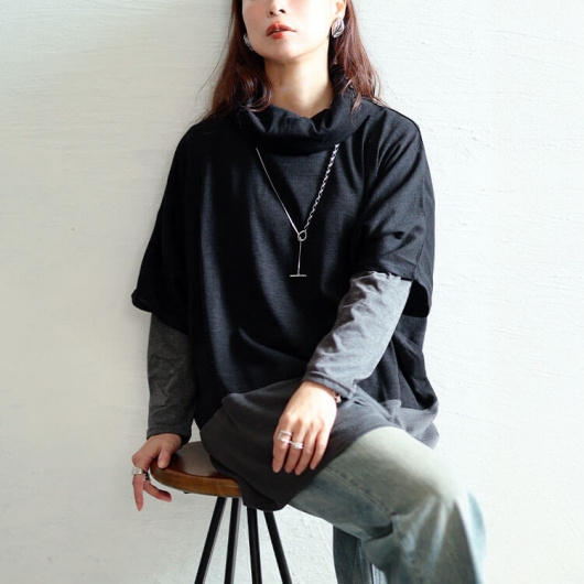 大きいサイズ レディース 静電気防止オフタートル配色切り替えドルマン