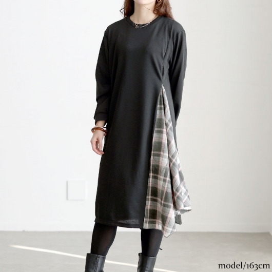 大きいサイズ レディース チェック柄アシメ切り替えワンピース cast