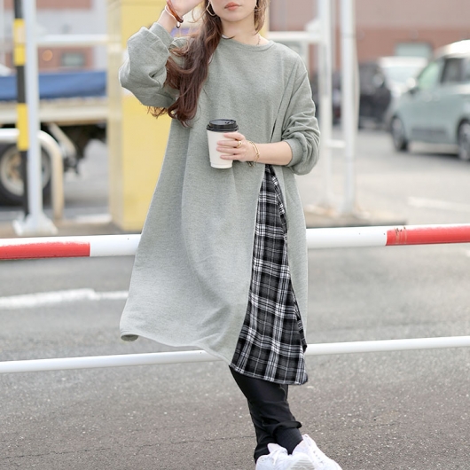 大きいサイズ レディース チェック柄アシメ切り替えワンピース cast