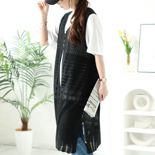 未使用タグ付き　M&KYOKO 佐藤繊維　透かし編みロングジレ　フリー 透かし編みロングベストサイドスリット夏服[品番：II000012778