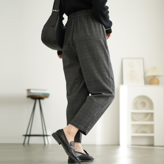 YAECA チェック柄 テーパードパンツ ダークグレー 大きいサイズ レディース チェック柄メルティストレッチ微起毛
