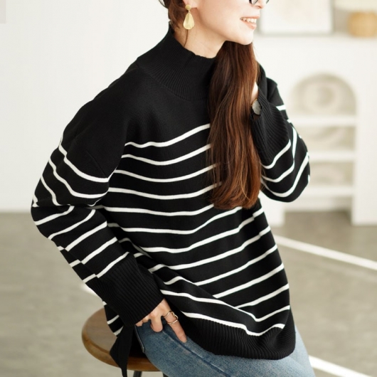 大きいサイズ レディース ハイネックパネルボーダーミラノリブニット