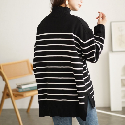 美品 ルフィル 2025年 ハイネックパネルボーダーニット オーバーシルエット 大きいサイズ レディース ハイネックパネルボーダーミラノリブニット