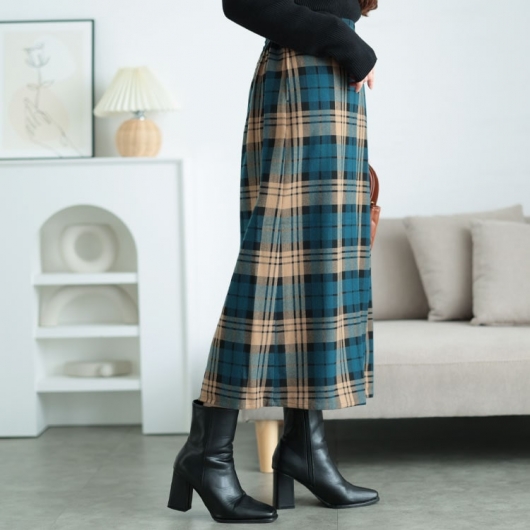 大きいサイズ レディース チェック柄ストレッチ微起毛プリーツスカート