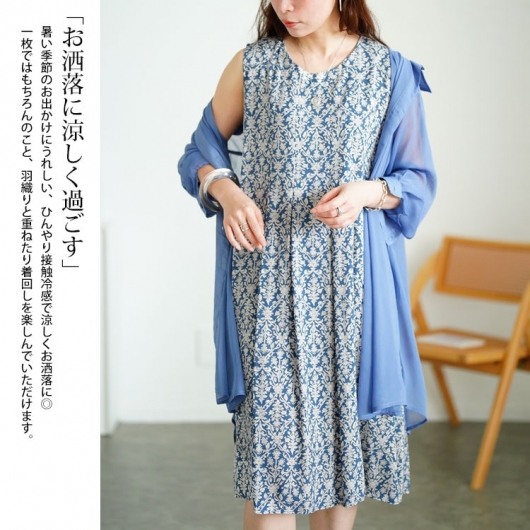 大きいサイズ レディース 接触冷感花柄タックノースリーブ