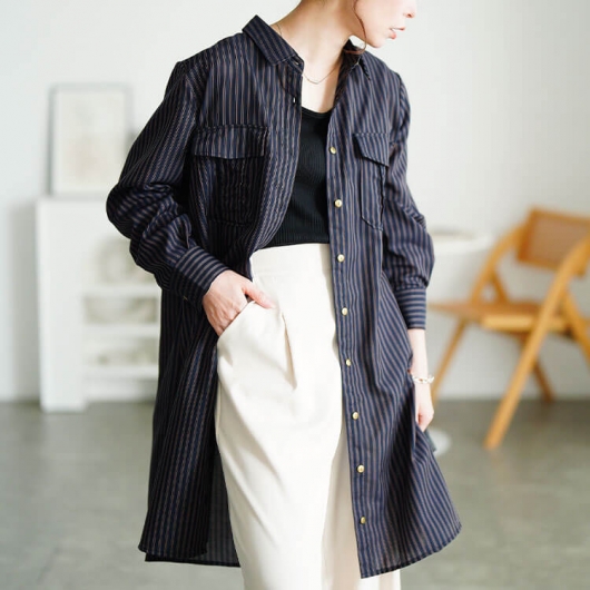 大きいサイズ レディース 胸ポケットストライプシャツチュニック