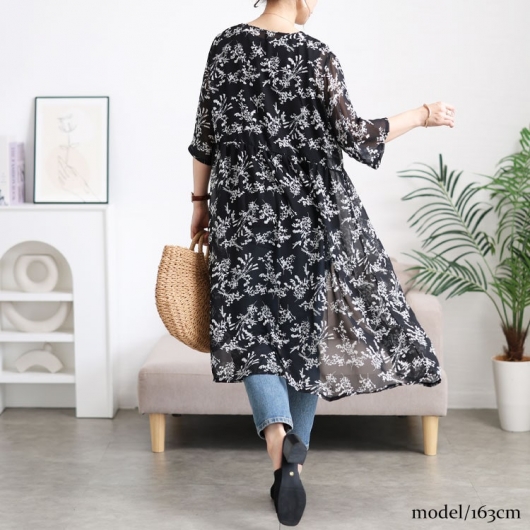 大きいサイズ レディース 花柄シフォンロングカーディガン