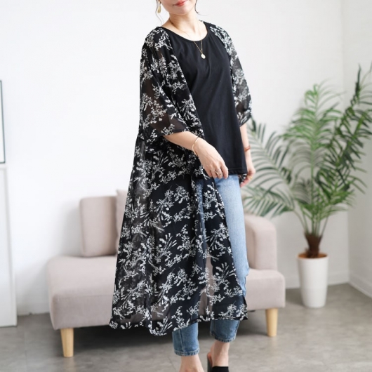 大きいサイズ レディース 花柄シフォンロングカーディガン