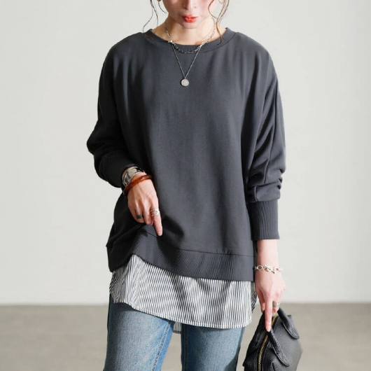 大きいサイズ レディース 吸湿速乾重ね着風ドルマンプルオーバー