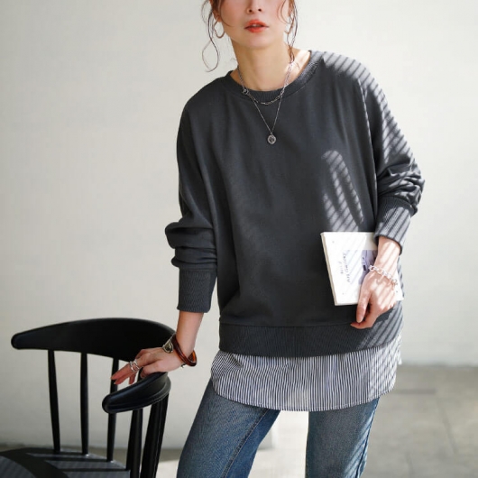 大きいサイズ レディース 吸湿速乾重ね着風ドルマンプルオーバー