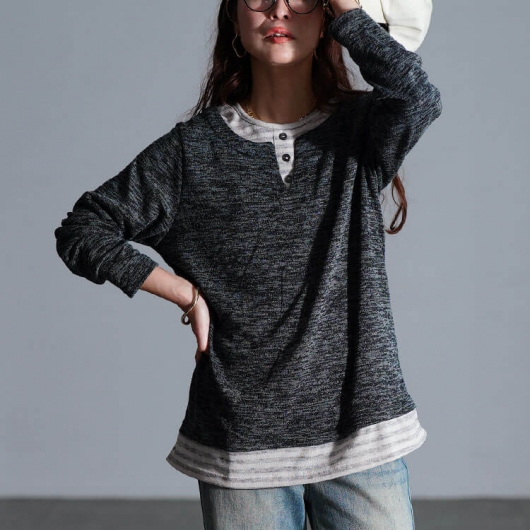 大きいサイズ レディース ボーダー重ね着風プルオーバー cpdai-647284