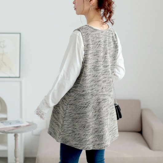 大きいサイズ レディース 深Vネックカットツイードフレアベスト