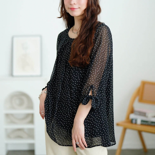 ミュベール、ドット柄、ブラウン、シフォン、ブラウス、ゆったりシルエット、日本製 ミュベール、ドット柄、ブラウン、シフォン、ブラウス、ゆったり