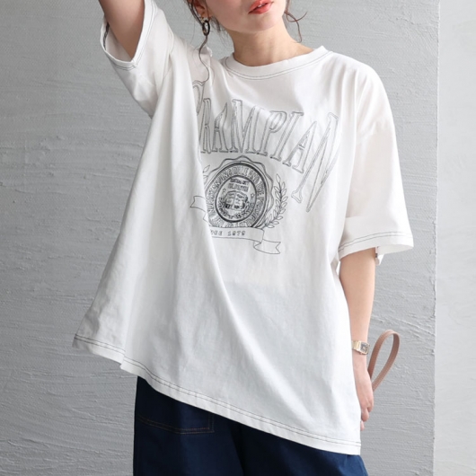 大きいサイズ レディース 線刺繍半袖Tシャツ cros-130121 【ゆう