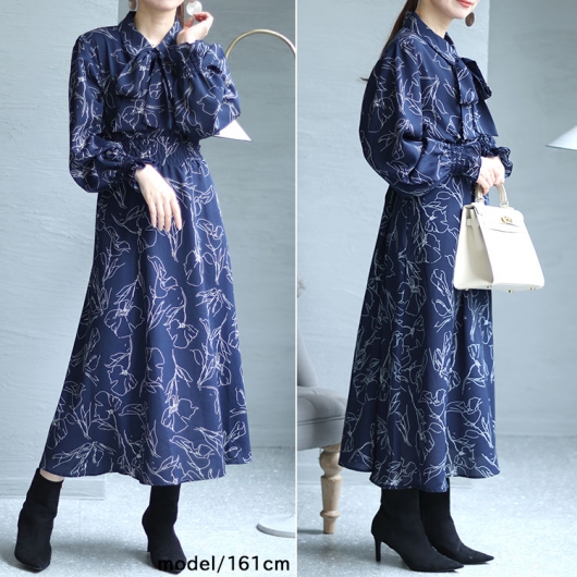 ぎこです♡archivio新品未使用品サイズ40ネイビーワンピ♡ 大きいサイズ レディース 花柄ボウタイシャツワンピース fem-401