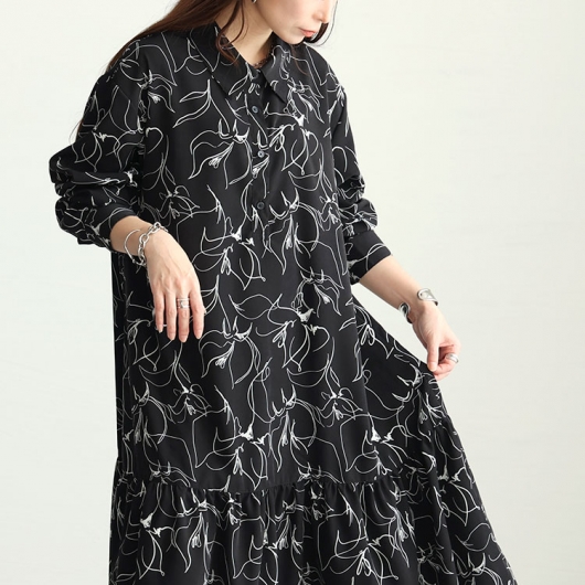 OBLI オブリ ミディアムティアードワンピース 花柄 長袖 シャツワンピース OBLI オブリ ミディアムティアードワンピース 花柄 長袖 シャツ