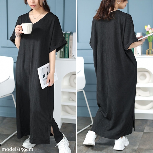 大きいサイズ レディース Vネックスリット入りワンピース fem-443