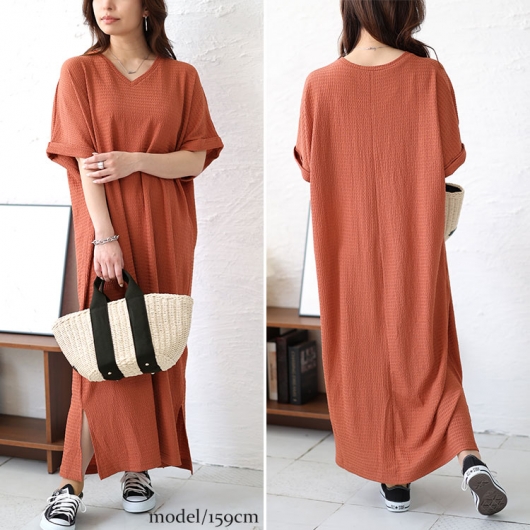大きいサイズ レディース Vネックスリット入りワンピース fem-443｜大きいサイズのレディース服専門通販【ゴールドジャパン公式サイト】