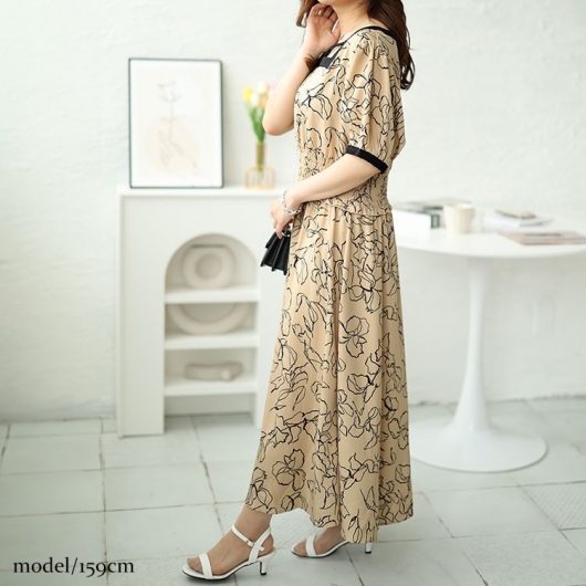 大きいサイズ レディース モダン花柄配色クロスネックワンピース fem