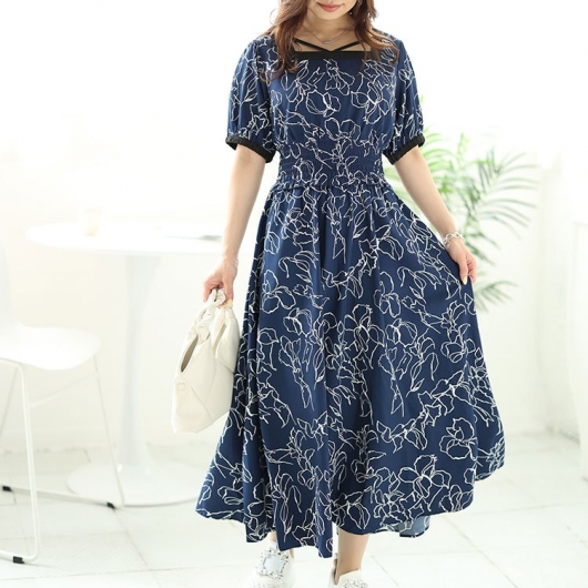 大きいサイズ レディース モダン花柄配色クロスネックワンピース fem