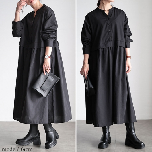 ホールドカラーフレアワンピース 大きいサイズ レディース レイヤード風スキッパーネックフレア