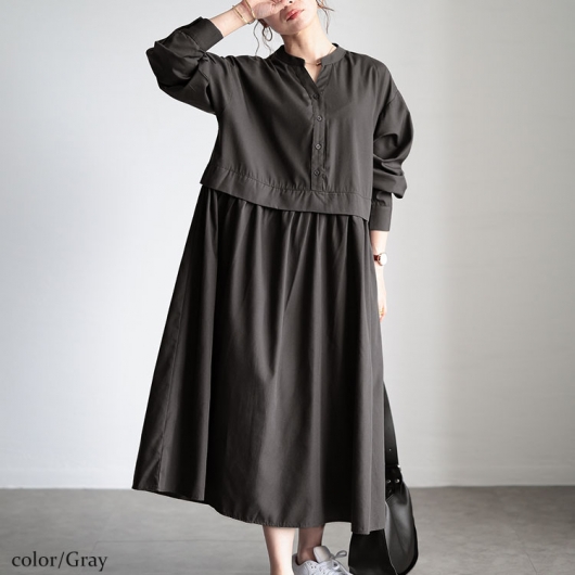 大きいサイズ レディース レイヤード風スキッパーネックフレア