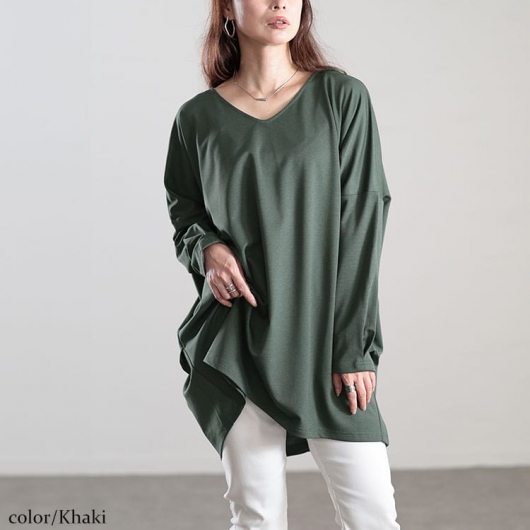 【オシャレ☆Spick and Span】Vネック　カーキ　カットソーチュニック 大きいサイズ レディース Vネックワイドコクーンチュニック fem