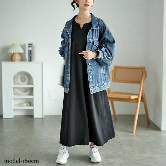 大きいサイズ レディース 袖ストライプドッキングワンピース fem-520