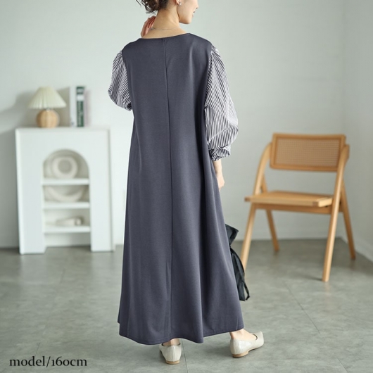 大きいサイズ レディース 袖ストライプドッキングワンピース fem-520