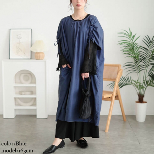 大きいサイズ レディース コットンリネン肩ドロストワンピース