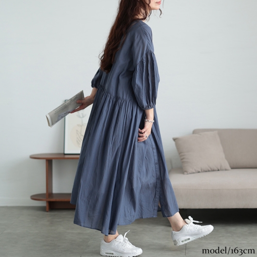 大きいサイズ レディース コットンリネンVネックギャザーワンピース