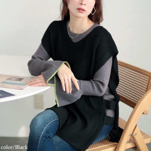 Mサイズ 古着のベスト レザーと立体ニットの切替 Mサイズ 古着のベスト レザーと立体ニットの切替（ミラノリブ