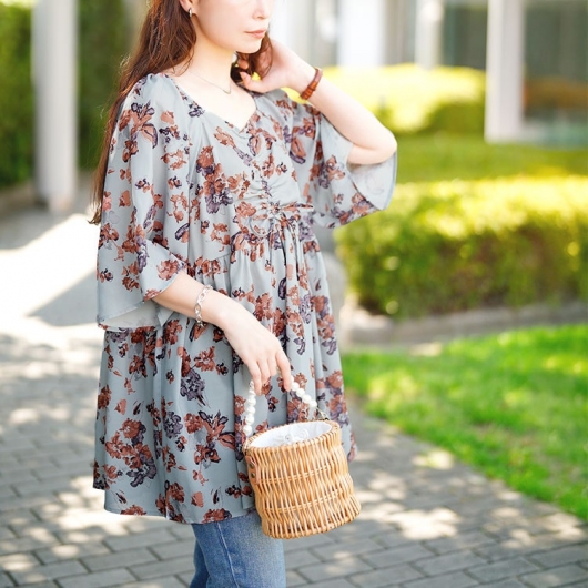 VIVIDA 花柄　チュニック 44サイズ　コート　アウター 花柄プリント7分袖Aラインシャツチュニック 50-0094｜40代 50代